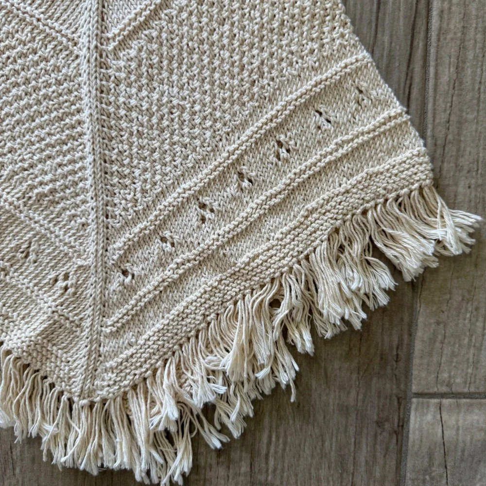 Empress Baby Organic Cotton Hand Knit Poncho Cream Fringe Pointelle 9-12 Months